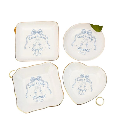 Personalized Bow Couple Engaged Married Ring Dish, Custom Engagement Jewelry Dish For Bride WD0082