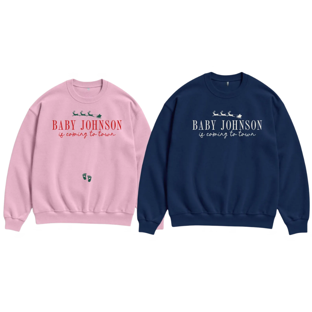 Baby Is Coming Soon Personalized Pregnancy Announcement Christmas Sweatshirt For Couple, Custom Baby Announcement Matching Xmas Sweatshirt  ET1485