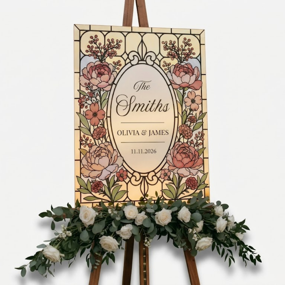 Personalized Blossom Flower Stained Glass Wedding Acrylic Sign, Personalized Floral Wedding Sign WD0745