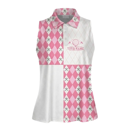 Custom Name Argyle Sleeveless Golf Shirt For Ladies, Custom Pink Argyle Golf Shirt Women GE0596