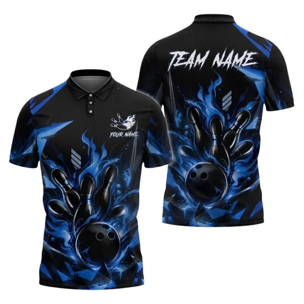 Blue Flame Custom Bowling Polo Shirt For Men, Custom Flame Bowling Team Shirts BZ1087