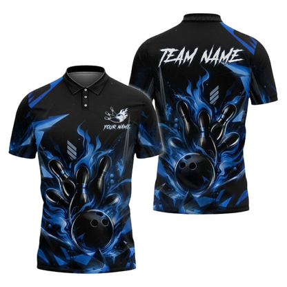 Blue Flame Custom Bowling Polo Shirt For Men, Custom Flame Bowling Team Shirts BZ1087