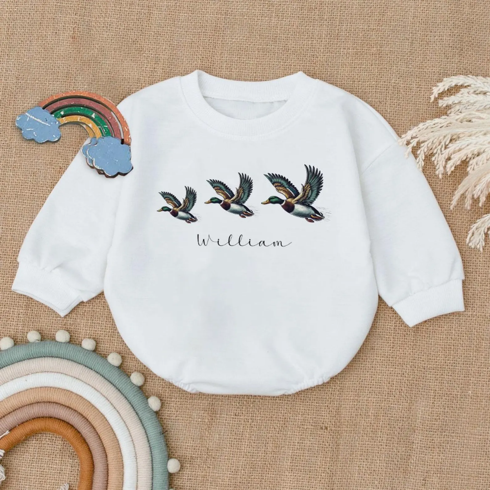 Personalized Flying Mallard Duck Baby Romper Sweatshirt, Custom Baby Name Duck Hunting Romper Sweatshirt BB0115