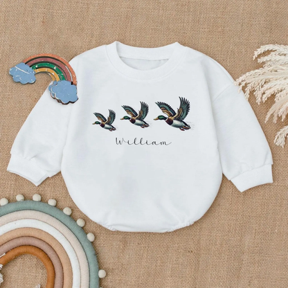 Personalized Flying Mallard Duck Baby Romper Sweatshirt, Custom Baby Name Duck Hunting Romper Sweatshirt BB0115