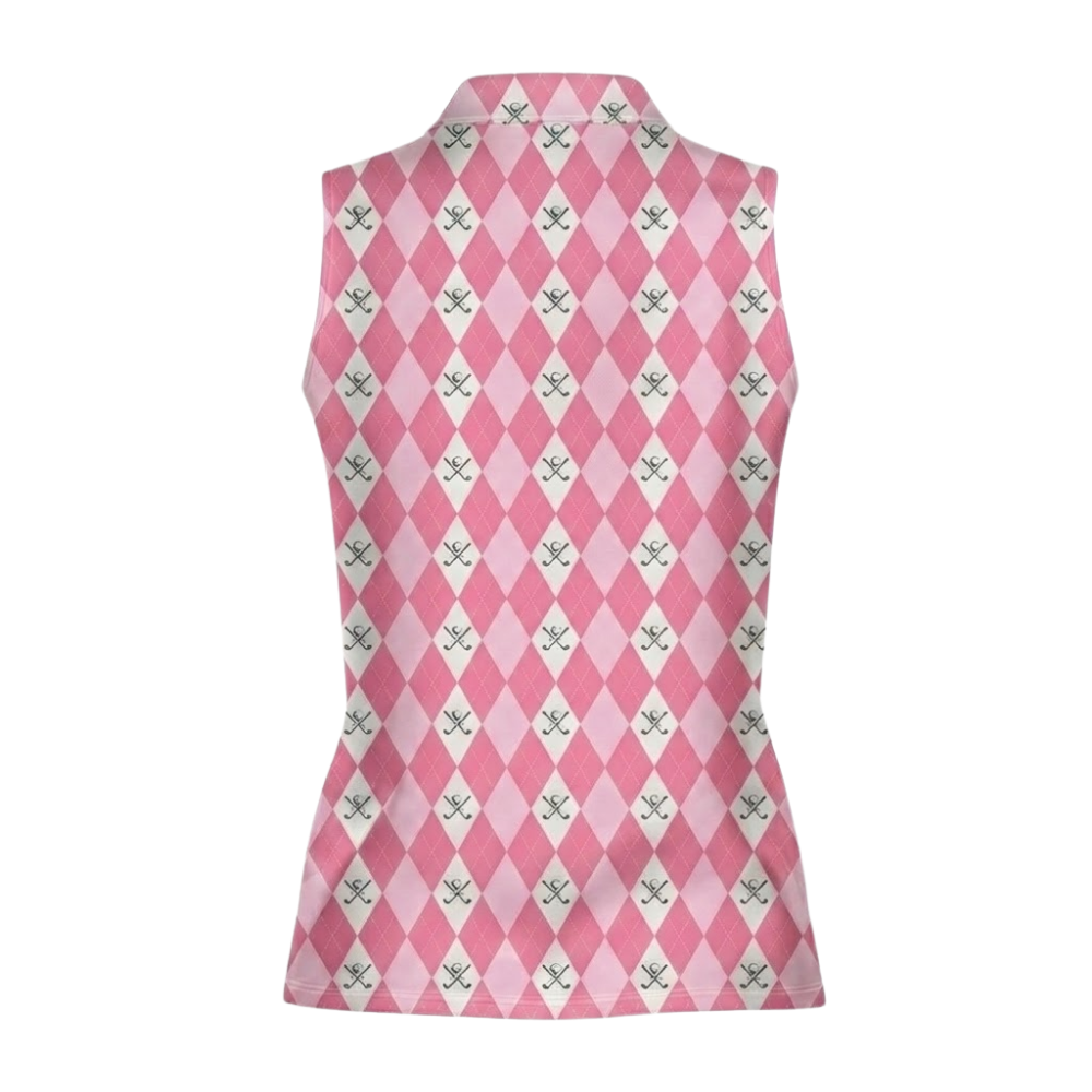 Custom Name Argyle Sleeveless Golf Shirt For Ladies, Custom Pink Argyle Golf Shirt Women GE0596
