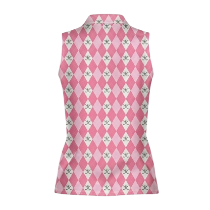 Custom Name Argyle Sleeveless Golf Shirt For Ladies, Custom Pink Argyle Golf Shirt Women GE0596