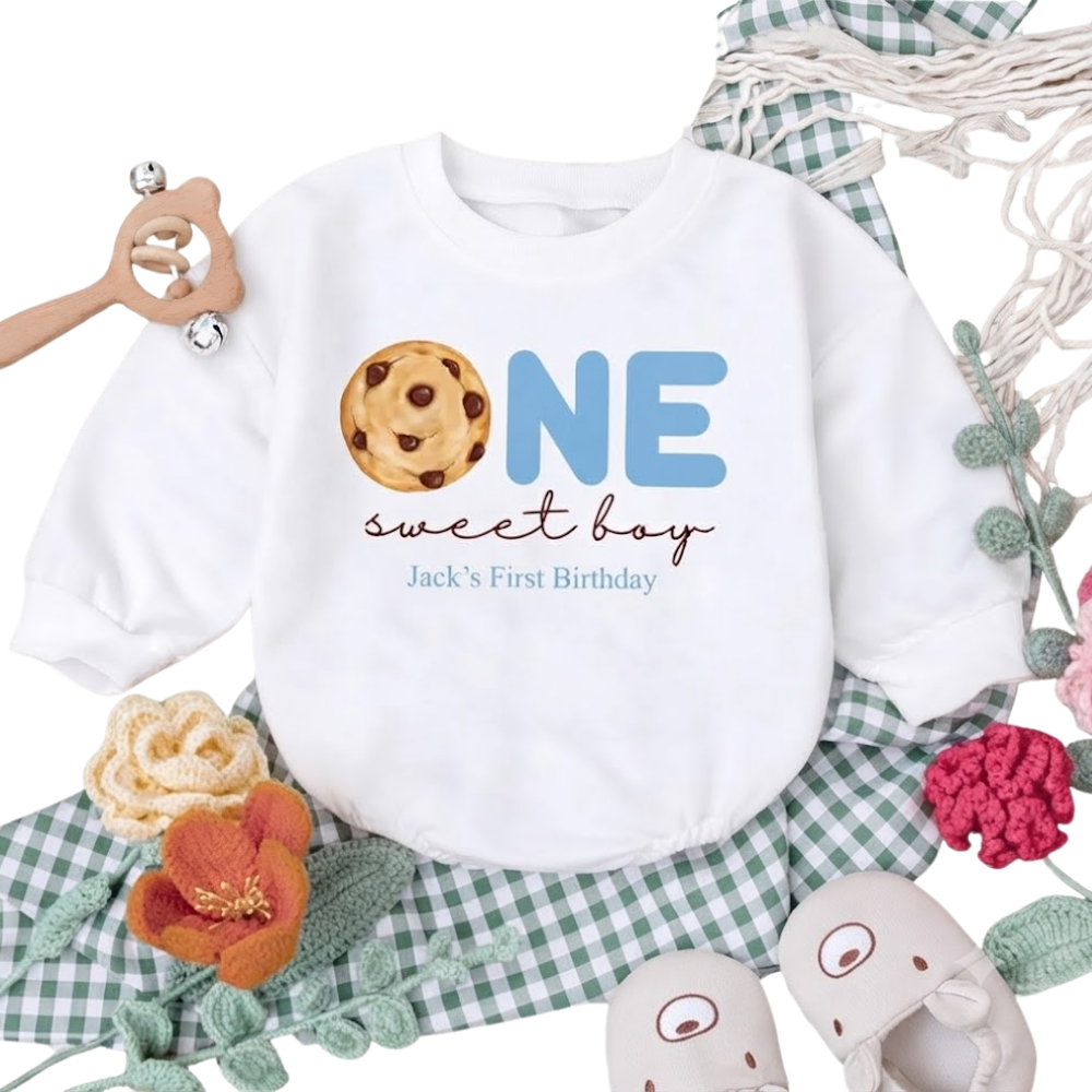 Custom Name One Sweet Boy Birthday Baby Romper Sweatshirt, Custom 1st Birthday Cookie Baby Boy Romper Sweatshirt BB0088