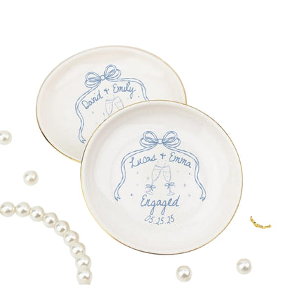 Personalized Bow Couple Engaged Married Ring Dish, Custom Engagement Jewelry Dish For Bride WD0082