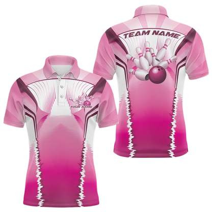 Pink And White Custom Mens Bowling Polo Shirt For Team, Custom Team Bowling Shirts BZ0560