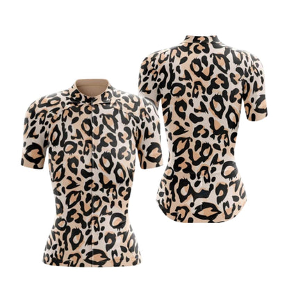 Leopard Black And Beige Cycling Short Sleeve Jersey Women, Leopard Cycling Jersey For Ladies CG0743