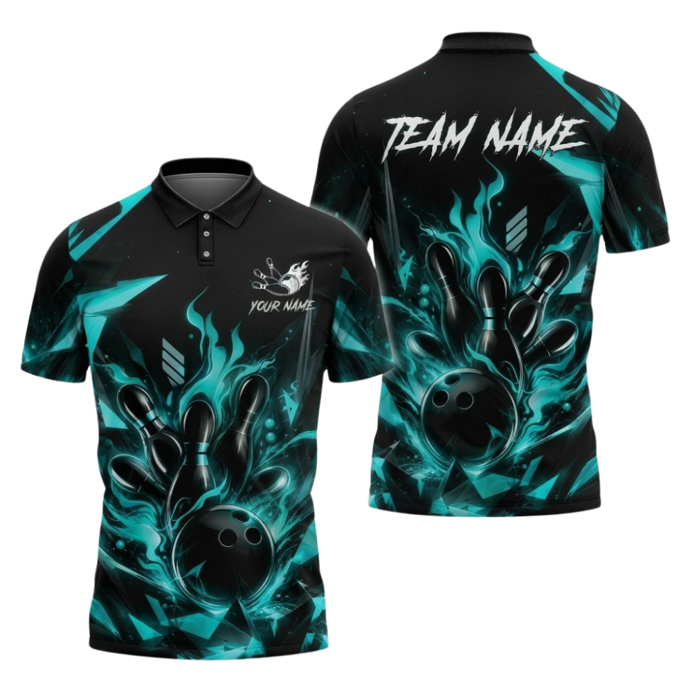 Blue Flame Custom Bowling Polo Shirt For Men, Custom Flame Bowling Team Shirts BZ1087