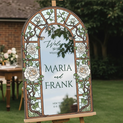 Personalized Cream Roses Wedding Welcome Stained Glass Acrylic Sign, Custom Floral Stained Glass Wedding Sign WD0689
