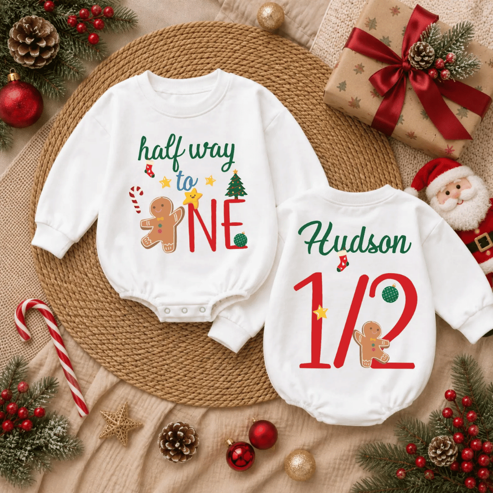 Personalized Half Way To One Christmas Baby Romper Sweatshirt, Custom Xmas 1/2 Birthday Baby Romper Sweater BB0973