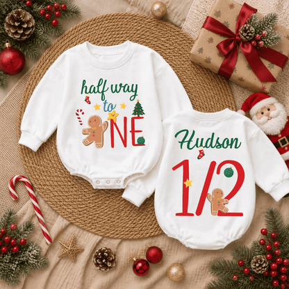 Personalized Half Way To One Christmas Baby Romper Sweatshirt, Custom Xmas 1/2 Birthday Baby Romper Sweater BB0973