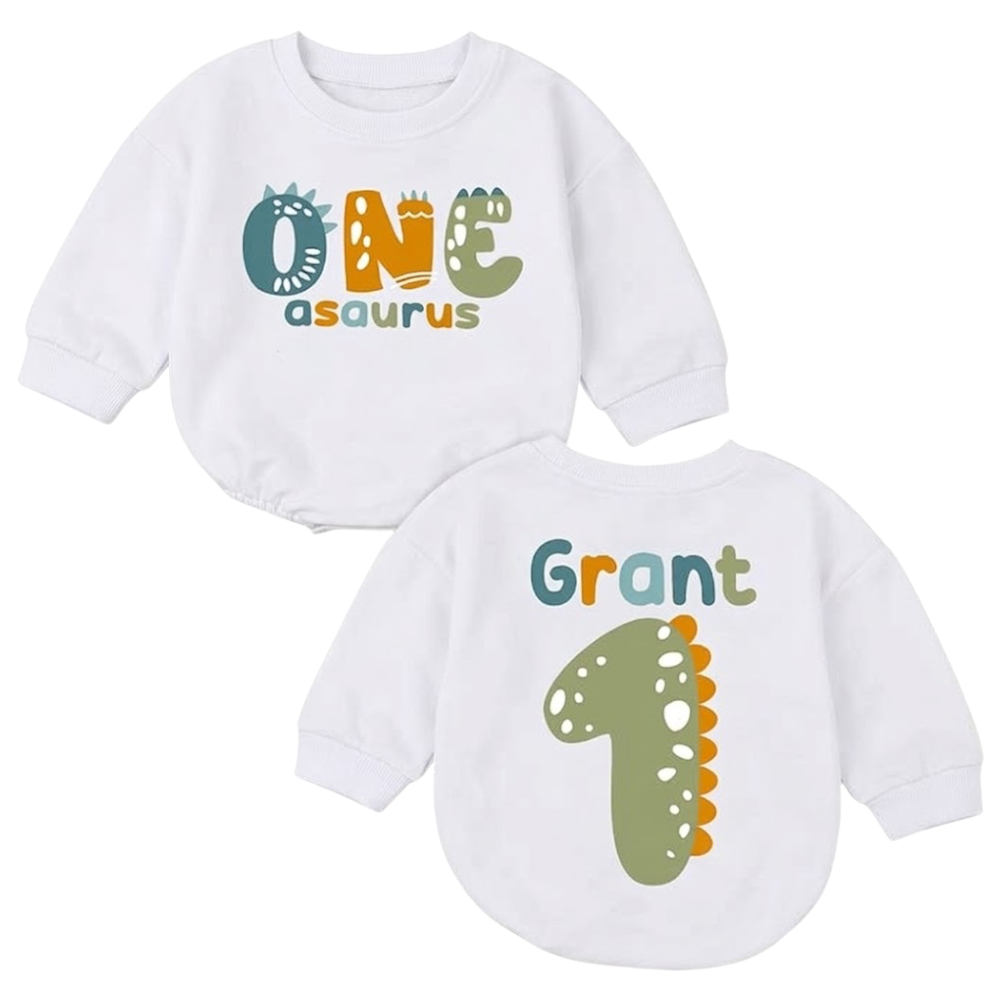 One Asaurus Custom Name Frist Birthday Baby Romper Sweatshirt, Custom Dinosaur 1st Birthday Sweatshirt Baby BB0814