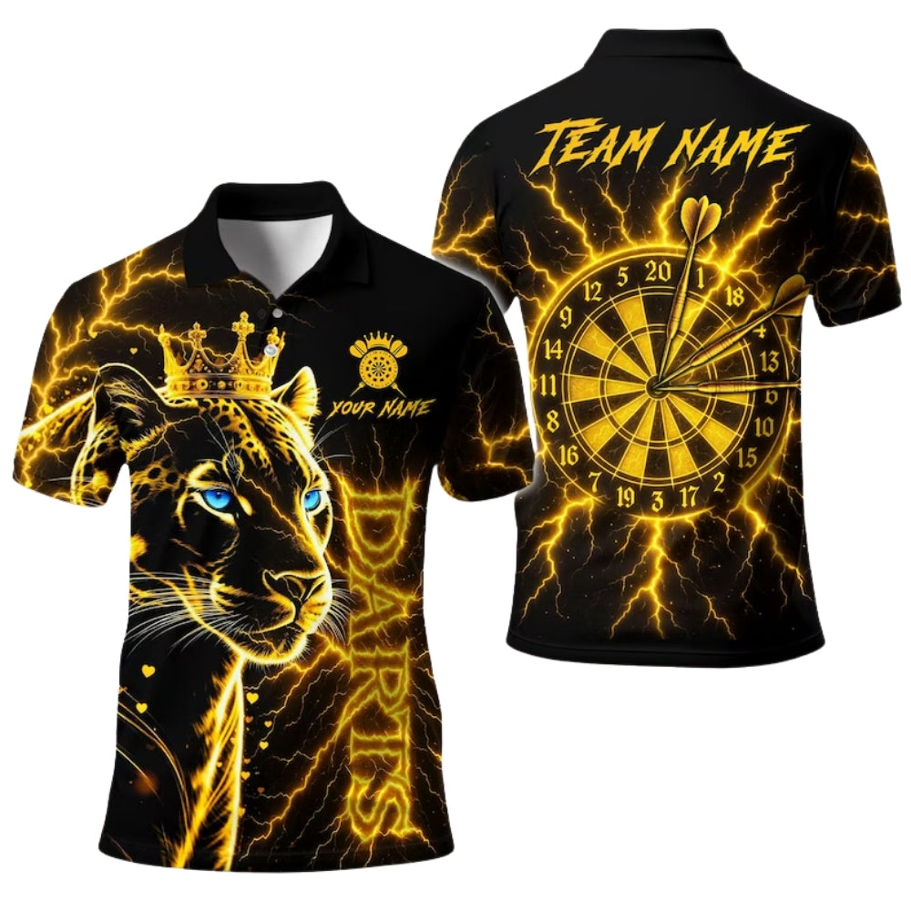 Custom Leopard King Darts Polo Shirt For Men Black Gold, Custom Leopard Dart Team Shirts DE0099
