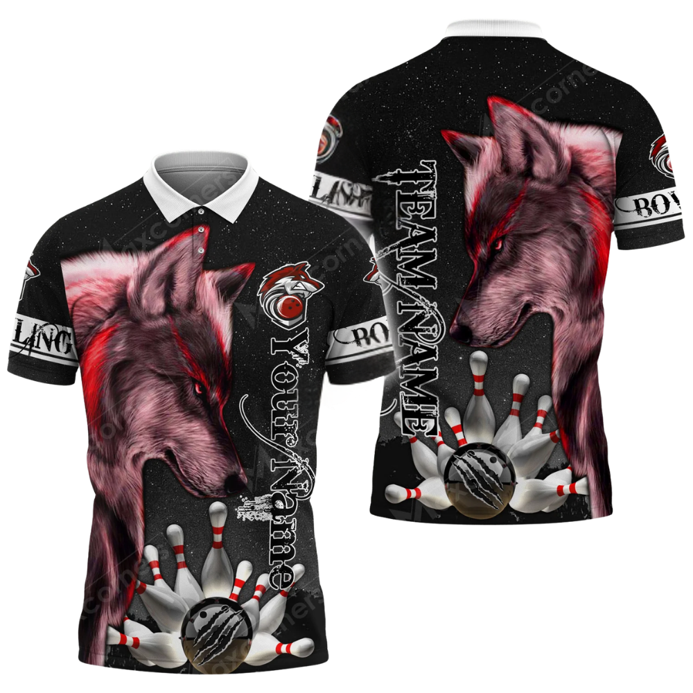 Custom Wolf Black Grey Mens Bowling Polo Shirt, Custom Wolf Team Bowling Shirts BZ0600
