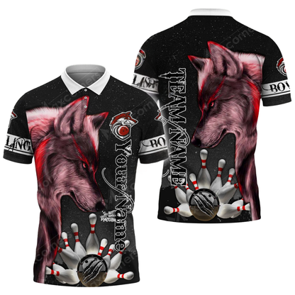 Custom Wolf Black Grey Mens Bowling Polo Shirt, Custom Wolf Team Bowling Shirts BZ0600
