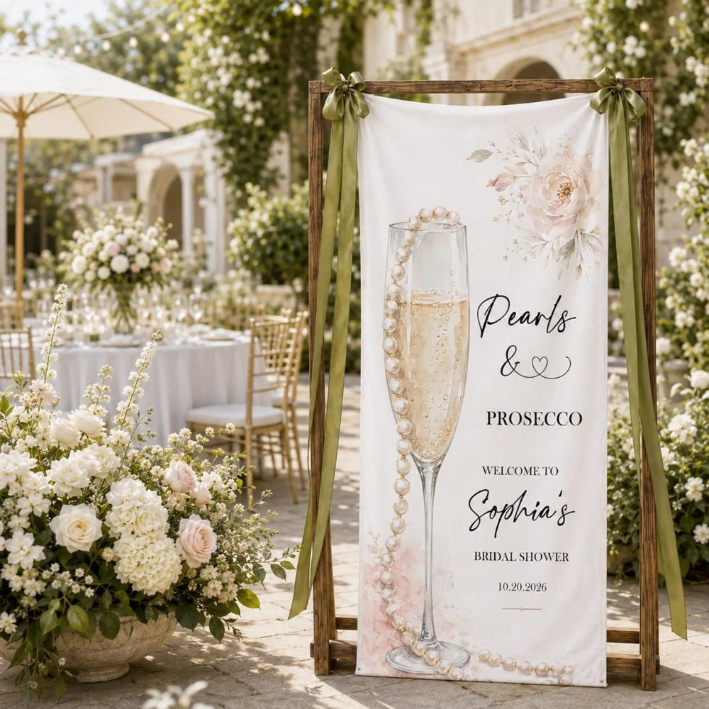 Pearls And Prosecco Custom Bridal Party Fabric Welcome Banner, Custom Champagne Bridal Shower Welcome Sign WD0410
