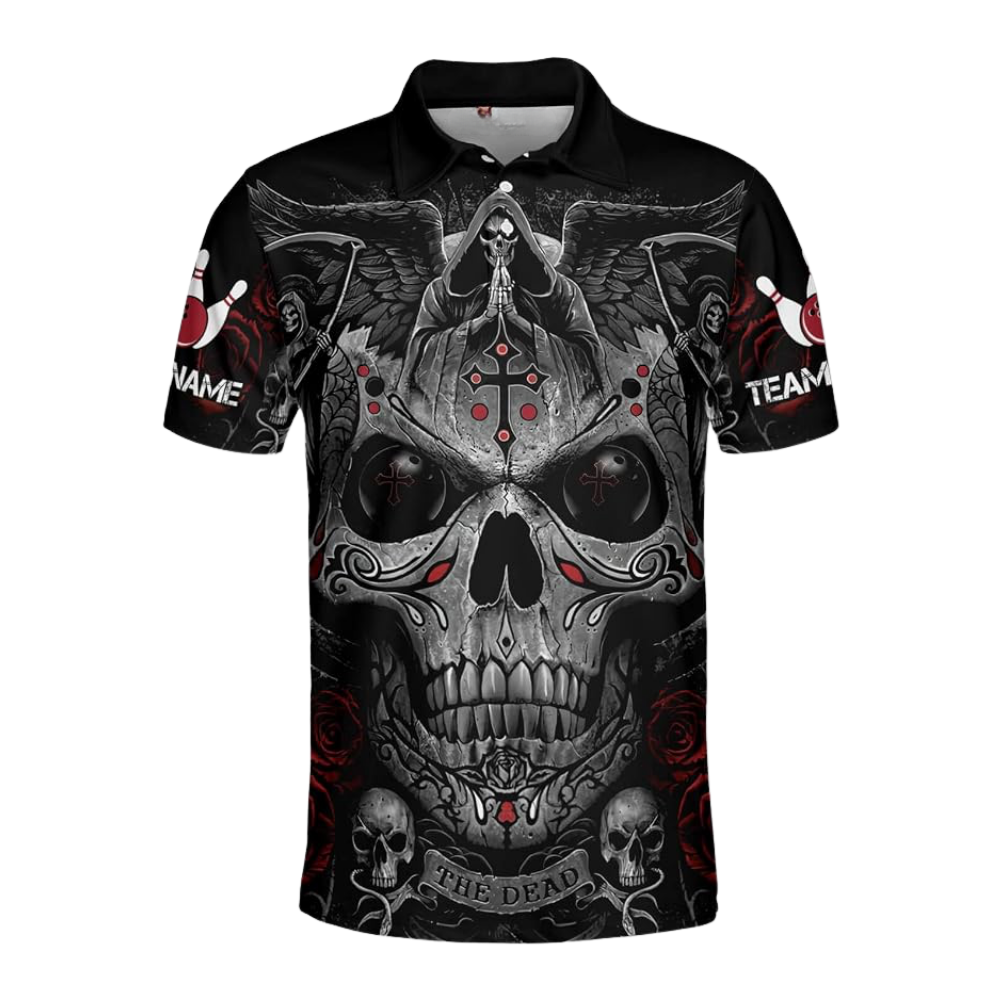 Reaper Cross Custom Mens Black Bowling Polo Shirt, Custom Skull Bowling Team Shirt BZ0782