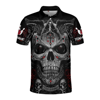 Reaper Cross Custom Mens Black Bowling Polo Shirt, Custom Skull Bowling Team Shirt BZ0782
