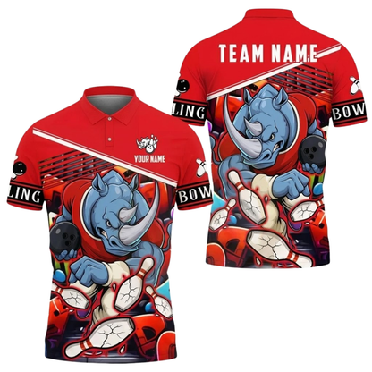 Custom Mens Rhino Bowling Polo Shirt Red Blue, Custom Rhino Bowling Team Shirts BZ0527