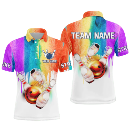Custom Rainbow Color Bowling Mens Polo Shirt, Custom LGBT Pride Bowling Team Shirts BZ0591
