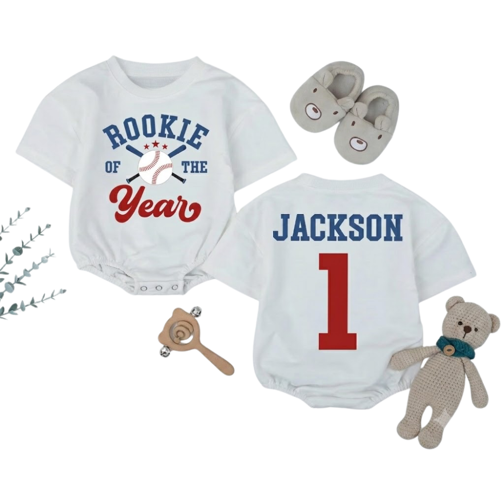 Customized Rookie of the Year 1st Birthday T Shirt Bubble Romper, Custom Baseball First Birthday Baby Romper BB0265