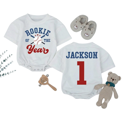Customized Rookie of the Year 1st Birthday T Shirt Bubble Romper, Custom Baseball First Birthday Baby Romper BB0265