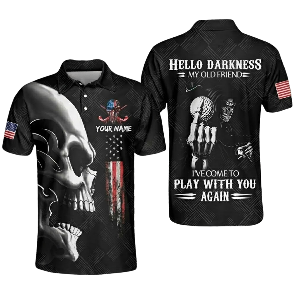 Hello Darkness My Old Friend I've Come To Play With You Again Custom Mens Skull Golf Polo Shirt, Custom Skull Black Golf Shirts GZ0309