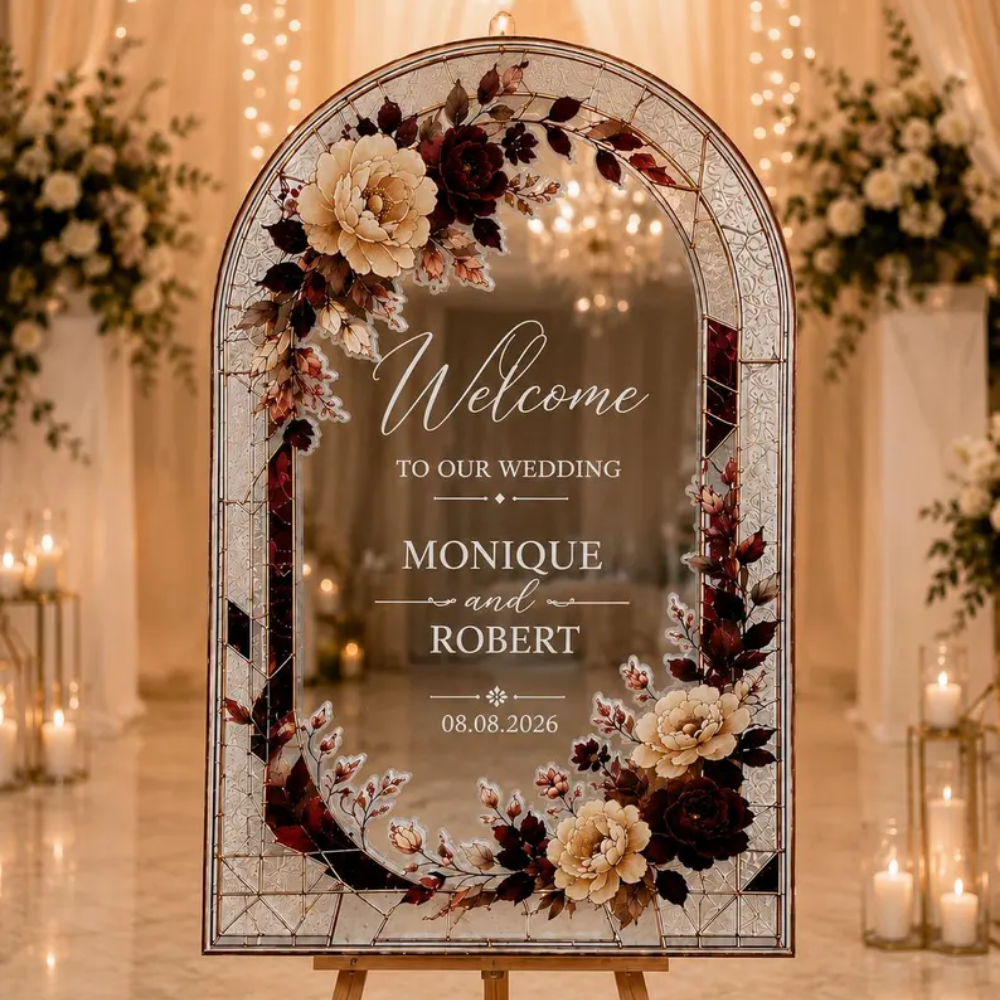Custom Peony Flower Wedding Welcome Acrylic Stained Glass Sign, Custom Floral Stained Glass Wedding Sign WD0747
