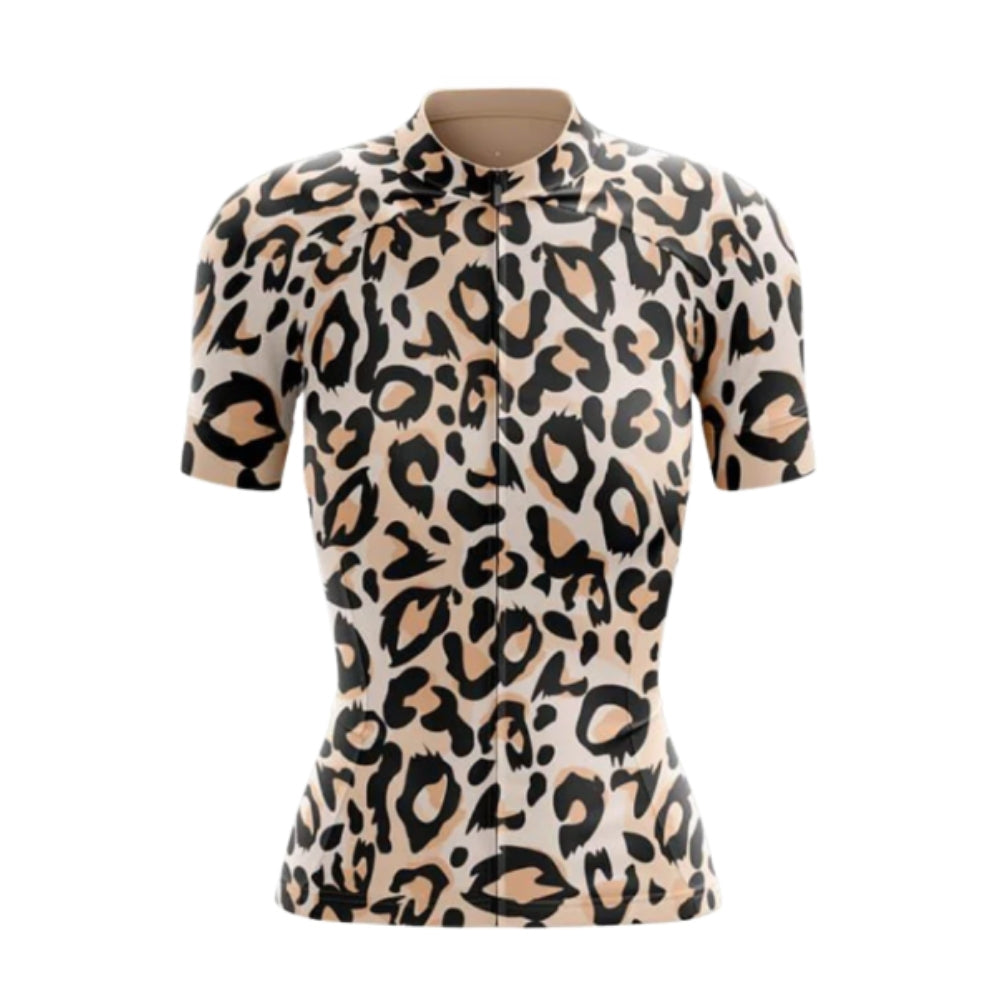 Leopard Black And Beige Cycling Short Sleeve Jersey Women, Leopard Cycling Jersey For Ladies CG0743