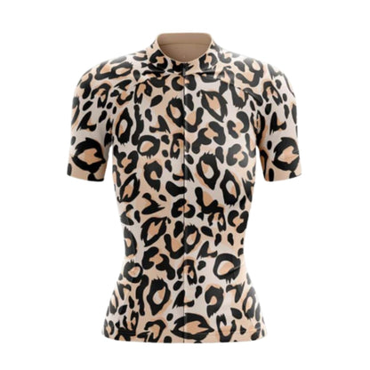 Leopard Black And Beige Cycling Short Sleeve Jersey Women, Leopard Cycling Jersey For Ladies CG0743