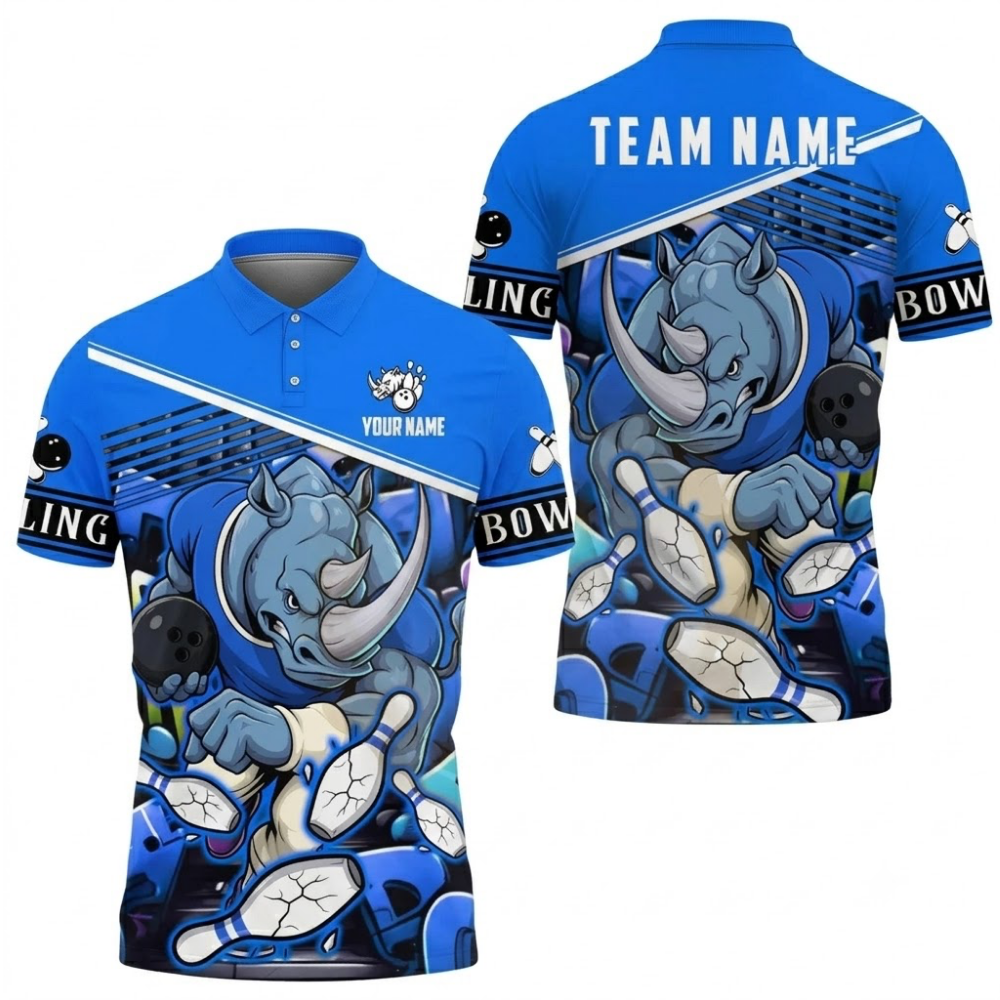 Custom Mens Rhino Bowling Polo Shirt Red Blue, Custom Rhino Bowling Team Shirts BZ0527