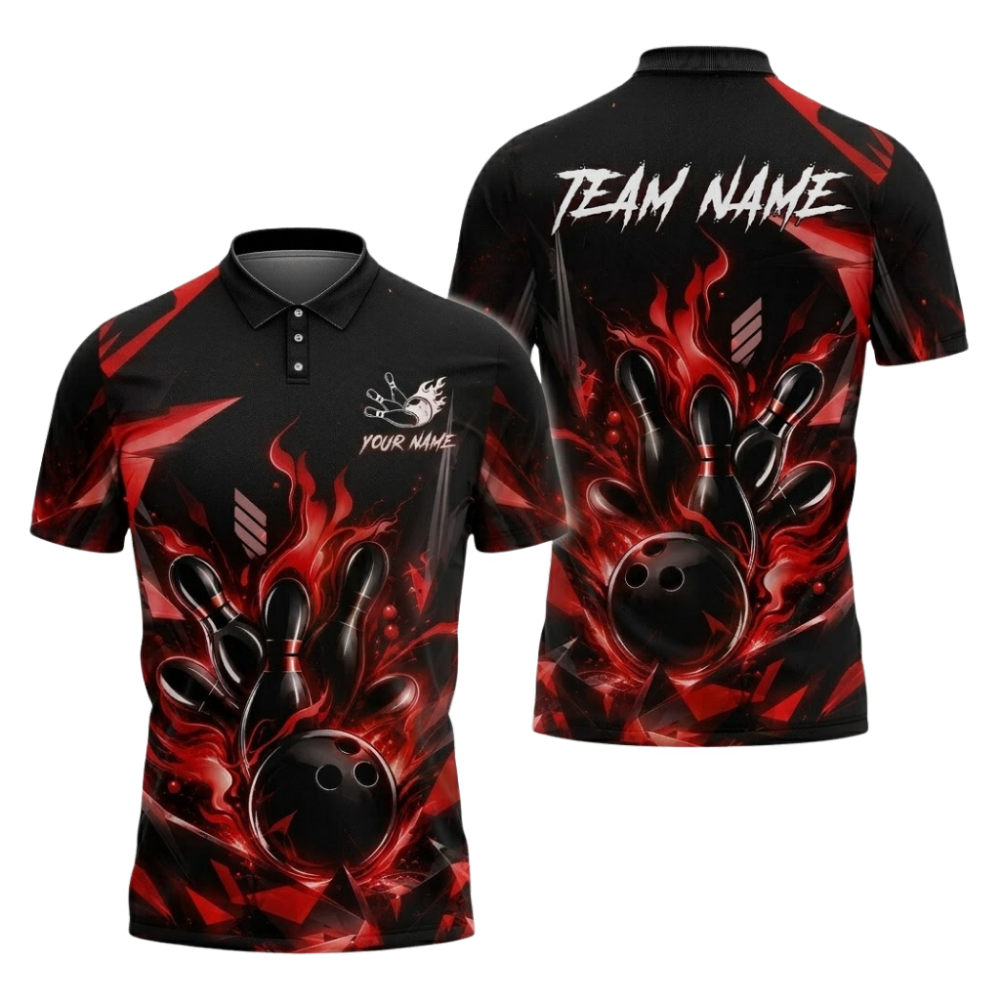 Blue Flame Custom Bowling Polo Shirt For Men, Custom Flame Bowling Team Shirts BZ1087