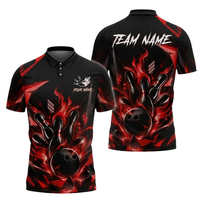 Blue Flame Custom Bowling Polo Shirt For Men, Custom Flame Bowling Team Shirts BZ1087