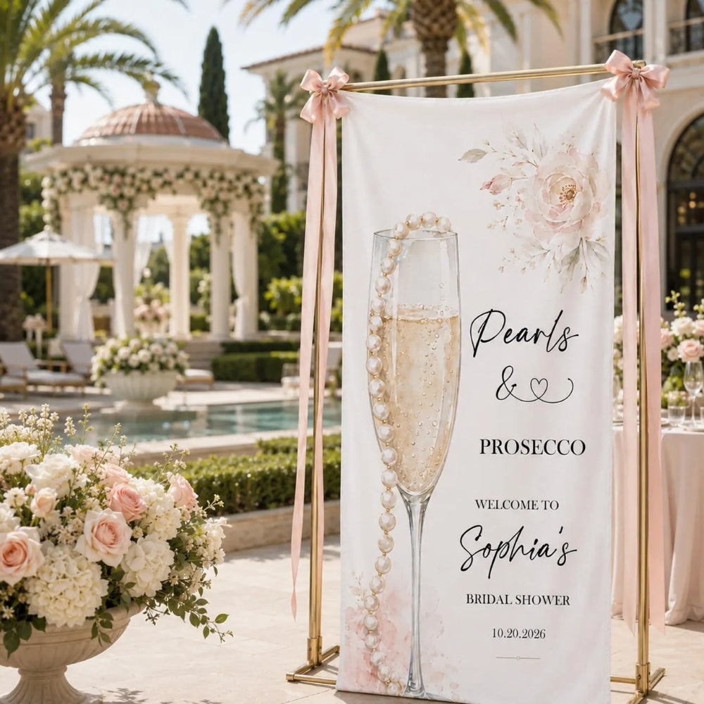 Pearls And Prosecco Custom Bridal Party Fabric Welcome Banner, Custom Champagne Bridal Shower Welcome Sign WD0410