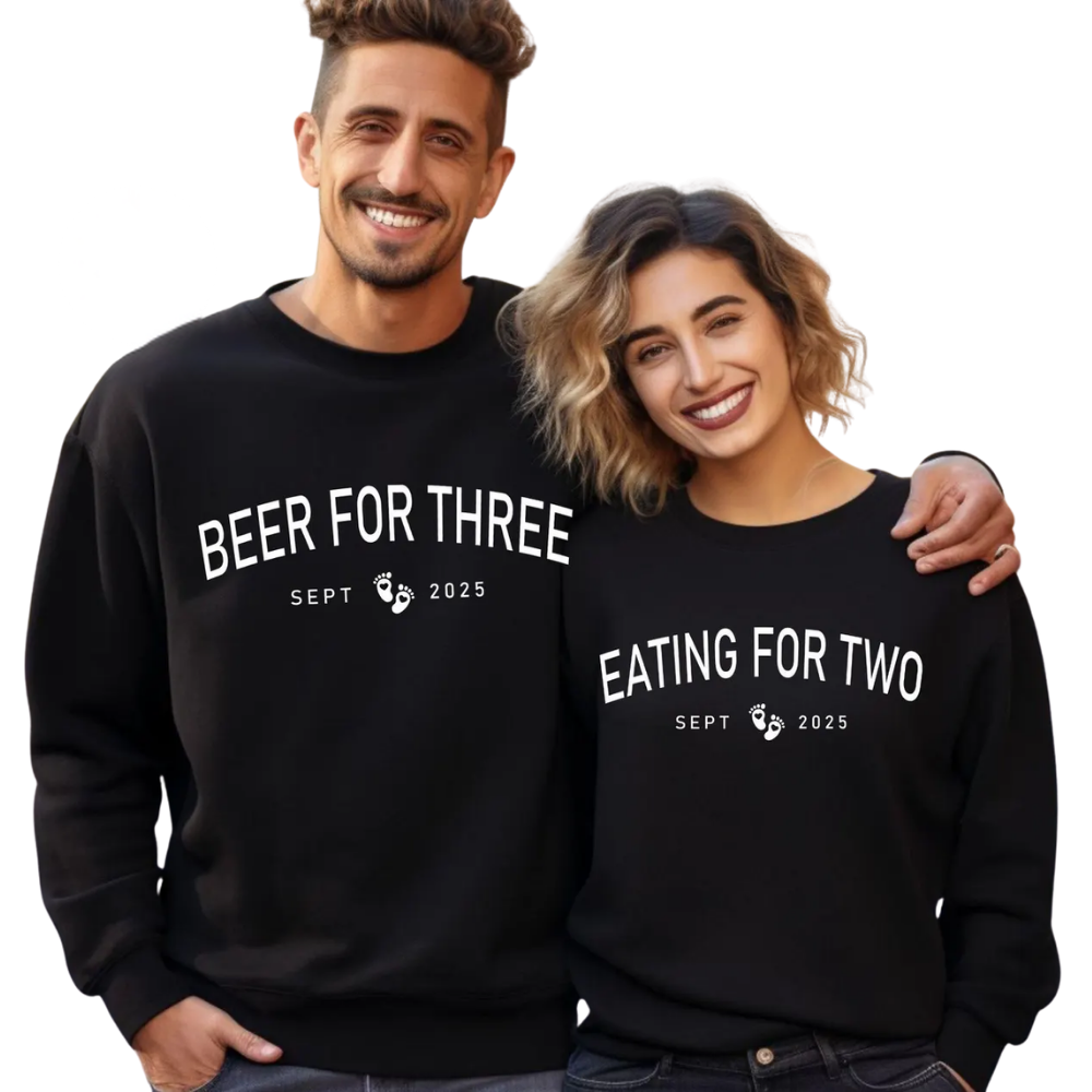 Eating For Two Beer For Three Matching Pregnancy Announcement Sweatshirt, Funny Baby Reveal Couple Sweatshirts ET1486