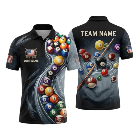 Custom Team Black And Grey Billiard Polo Shirts For Men, Custom Team Billiard Shirts BIZ0336