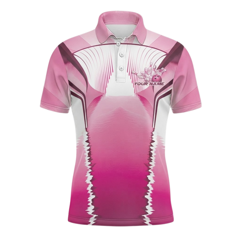 Pink And White Custom Mens Bowling Polo Shirt For Team, Custom Team Bowling Shirts BZ0560
