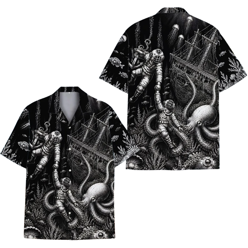 Diver Octopus Black Hawaiian Shirt Men Women, Diver Hawaiian Shirt HE0537