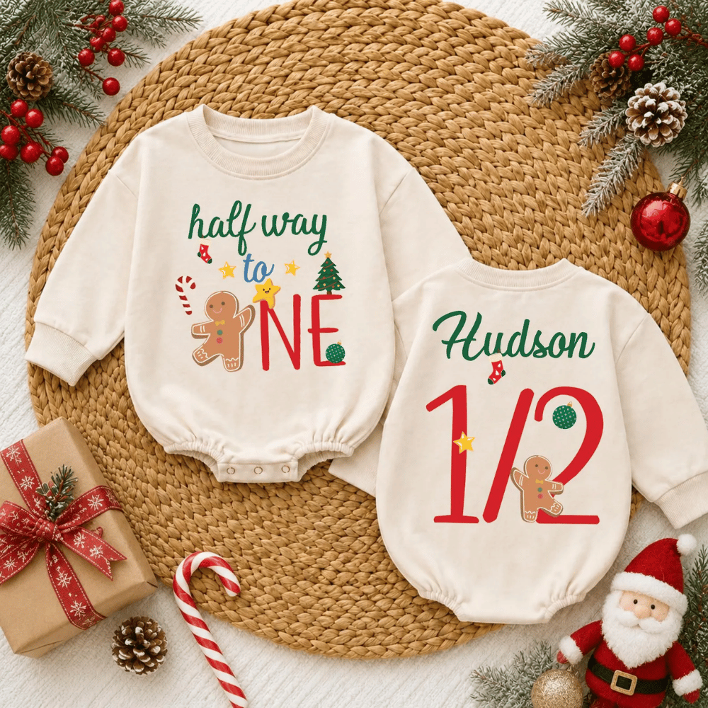 Personalized Half Way To One Christmas Baby Romper Sweatshirt, Custom Xmas 1/2 Birthday Baby Romper Sweater BB0973
