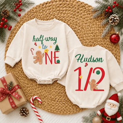Personalized Half Way To One Christmas Baby Romper Sweatshirt, Custom Xmas 1/2 Birthday Baby Romper Sweater BB0973