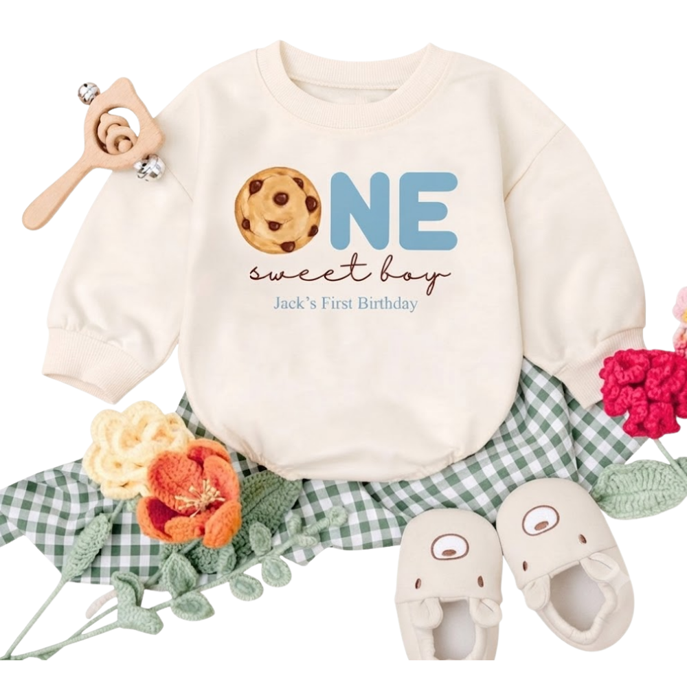 Custom Name One Sweet Boy Birthday Baby Romper Sweatshirt, Custom 1st Birthday Cookie Baby Boy Romper Sweatshirt BB0088