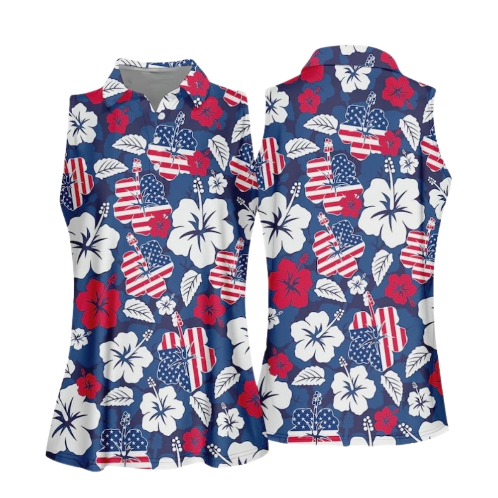 Hibiscus American Flag Women's Sleeveless Golf Shirt, Tropical 4th Of July Golf Shirts For Ladies GE0391