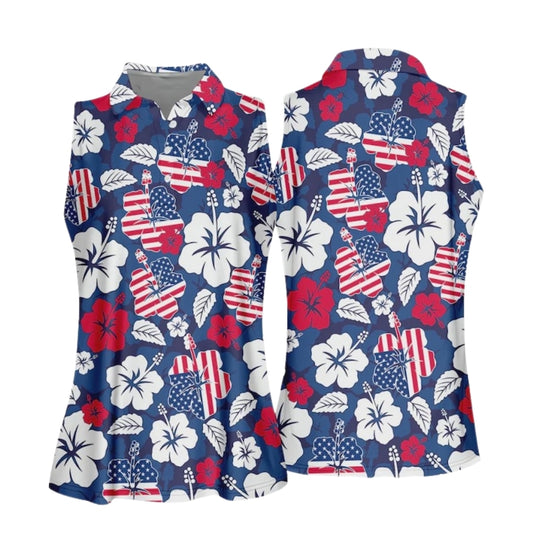 Hibiscus American Flag Women's Sleeveless Golf Shirt, Tropical 4th Of July Golf Shirts For Ladies GE0391