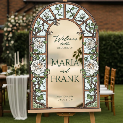 Personalized Cream Roses Wedding Welcome Stained Glass Acrylic Sign, Custom Floral Stained Glass Wedding Sign WD0689