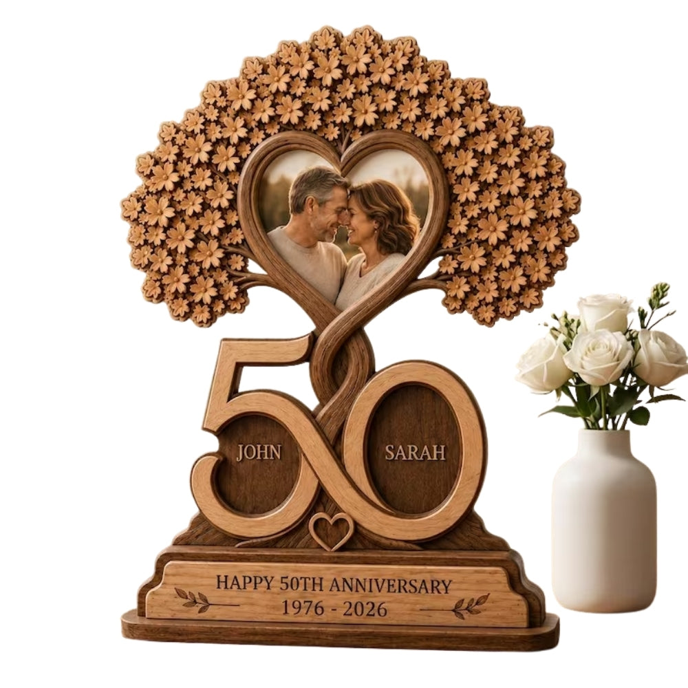 Custom Photo 50th Wedding Anniversary Layer Wooden Plaque, Custom Picture Golden Wedding Wooden Block WD0932