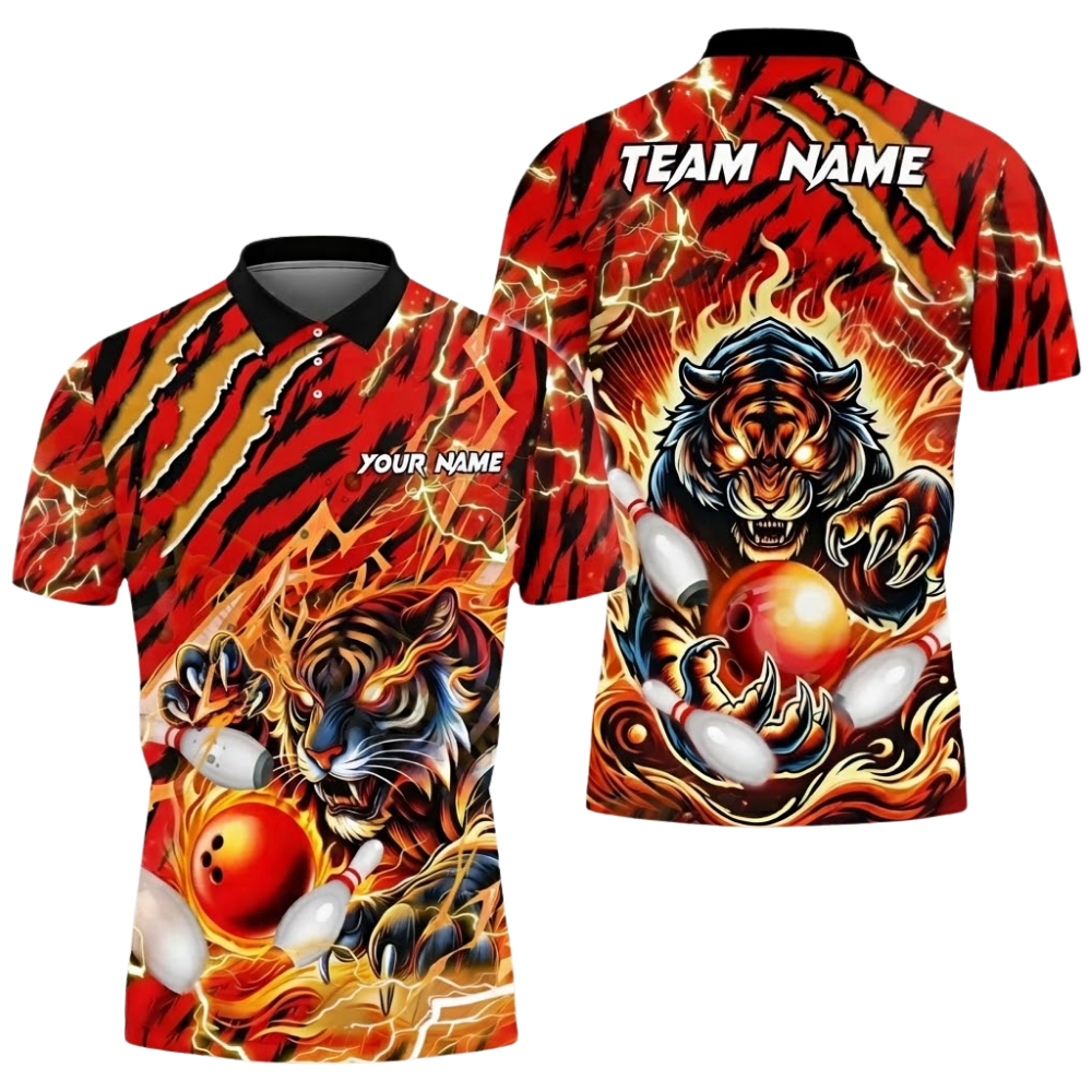 Custom Tiger Red Bowling Mens Polo Shirt, Custom Tiger Bowling Team Shirts BZ0602