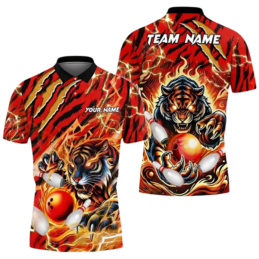 Custom Tiger Red Bowling Mens Polo Shirt, Custom Tiger Bowling Team Shirts BZ0602